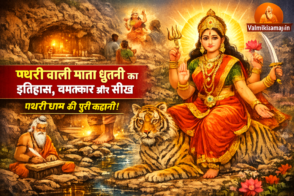 Pathri Wali Mata Dhutni Ka Itihas Chamatkar Aur Seek Pathri Dham Ki Puri Kahani is topic par thoda sreserch kar ke ek image generate karo thumbnal size me jisme valmikisamaj.in ka trasperet logo laga ho